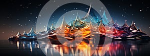 Beautiful abstract background with transparent colorful glass waves or mountains with bokeh. Banner