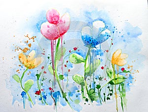 Beautiful abstract bright watercolor floral painting with bluish background and copyspace. Indian hand painted watercolor art