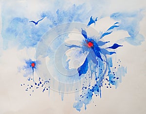 Beautiful abstract bright watercolor floral painting with bluish background and copyspace. Indian hand painted watercolor art