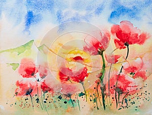 Beautiful abstract bright watercolor floral painting with mountain background and copyspace. Indian hand painted watercolor art