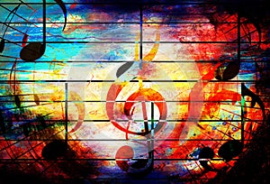 Beautiful abstract colorful collage with music notes and the violin clef.