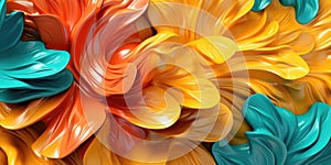 Beautiful abstract coral, turquoise, and yellow glossy metallic floral design background. Generative AI AIG32