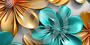 Beautiful abstract coral, turquoise, and yellow glossy metallic floral design background. Generative AI AIG32