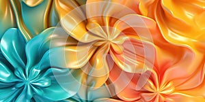 Beautiful abstract coral, turquoise, and yellow glossy metallic floral design background. Generative AI AIG32