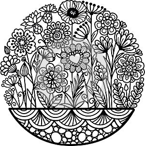 Beautiful abstract flowers inside circle shape for design element and adult coloring book pages