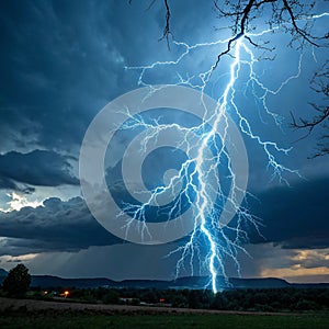 Blue fantasy fractal lightning. Blue electric discharge in the lightning storm photo