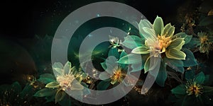 Beautiful abstract green brown night photo floral design background banner. Generative AI AIG32