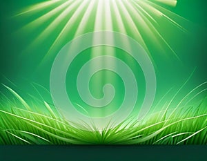 Beautiful abstract green gradient background with light rays, smooth lines, tropical leaves and grass. Delicate eco