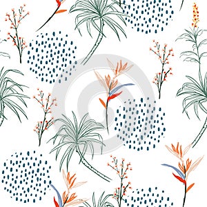 Beautiful Abstract hand drawn tropical leaves ,palm trees ,dizzy flowers with polka dots cirlcle shape seamless pattern vector