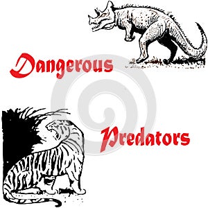 Beautiful abstract illustration of dangerous predators who love meat such as tiger and dinosaur tyrannosaurus