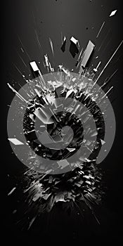 Beautiful abstract illustration, glass explosion, black and white background wallpaper. Generative Ai