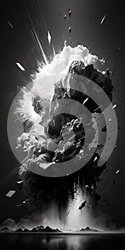 Beautiful abstract illustration, glass explosion, black and white background wallpaper. Generative Ai