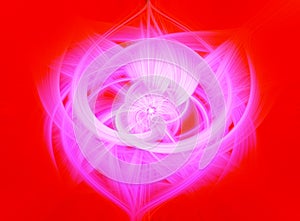 Beautiful abstract intertwined glowing 3d fibers forming a shape of sparkle, flame, flower, interlinked hearts. Bright red and