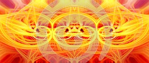 Beautiful abstract intertwined glowing 3d fibers forming a shape of sparkle, flame, flower, interlinked hearts. Yellow, orange,