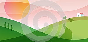 Beautiful abstract landscape, panoramic view illustration. Summer, nature, travel concept design with copy space. Vector