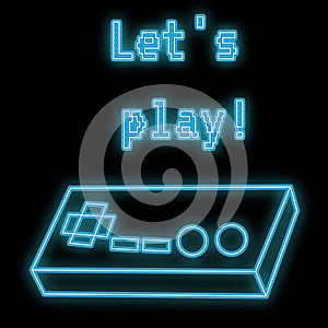 Beautiful abstract neon bright glowing icon, a signboard from an old retro joystick for video games consoles with buttons