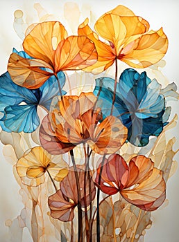 Beautiful abstract orange and blue flowers and leaves watercolor painting.