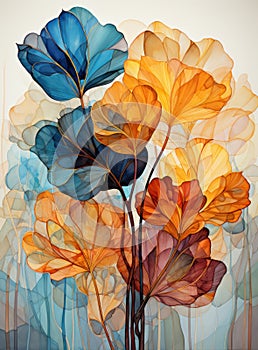 Beautiful abstract orange and blue flowers and leaves watercolor painting.