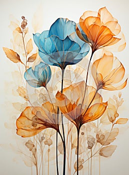 Beautiful abstract orange and blue flowers and leaves watercolor painting.