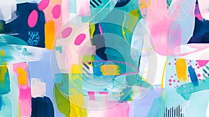 Beautiful abstract painting with vivid colors and simple shades. Pink, mint green, yellow artistic bright colorful maximalist wall