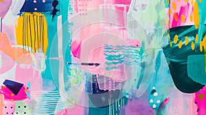 Beautiful abstract painting with vivid colors and simple shades. Pink, mint green, yellow artistic bright colorful maximalist wall photo