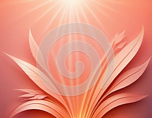 Beautiful abstract peach color gradient background with light rays, smooth lines, tropical leaves and grass. Delicate