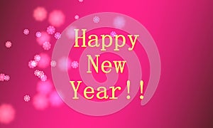 Beautiful abstract pink background with bokeh lights and snowflakes and HAPPY NEW YEAR text