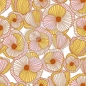 Beautiful abstract poppy flowers pattern in pink, yellow and gold, illustration