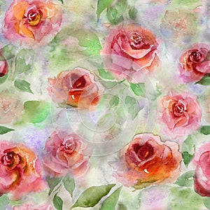 Beautiful abstract rose on colored watercolor background. Seamless floral pattern, border.  Watercolor painting. Hand drawn