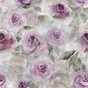 Beautiful abstract rose on colored watercolor background. Seamless floral pattern, border.  Watercolor painting. Hand drawn