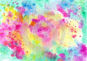 Beautiful abstract smudges of yellow pink, red blue and green colors in hand painted watercolor background