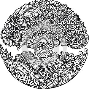 Beautiful abstract tree in circle shape for design element and adult coloring book pages.