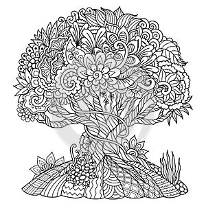 Beautiful abstract tree for design element and  adult coloring book. Vector illustration