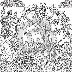 Beautiful abstract tree for design  element and adult coloring book. Vector illustration