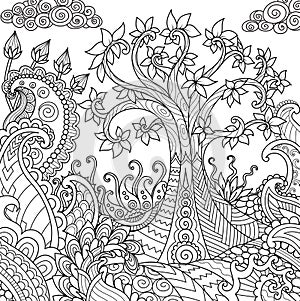 Beautiful abstract tree for  design element and adult coloring book. Vector illustration