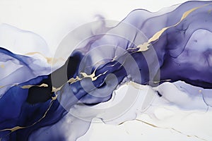 Beautiful abstract watercolor background in blue and purple colors. Alcohol ink texture with golden streaks