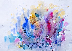 Beautiful abstract watercolor,floral painting with white background and copyspace. Indian hand painted watercolor art created with