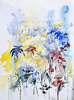 Beautiful abstract watercolor floral painting with white background and copyspace. Indian hand painted watercolor art created with