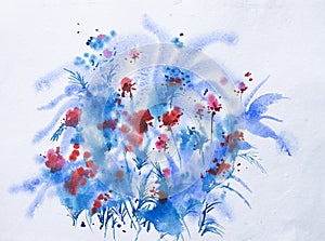 Beautiful abstract watercolor floral painting with white background and copyspace. Indian hand painted watercolor art created with