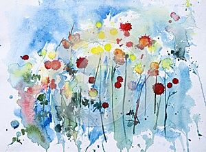 Beautiful abstract watercolor floral painting with white background and copyspace. Indian hand painted watercolor art created with