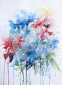 Beautiful abstract watercolor floral painting with white background and copyspace. Indian hand painted watercolor art created with