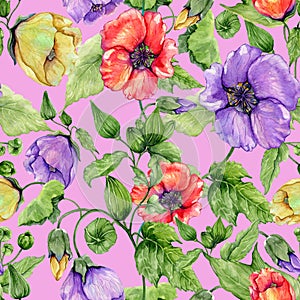 Beautiful abutilon flowers on climbing twigs on pink background. Seamless floral pattern. Watercolor painting.