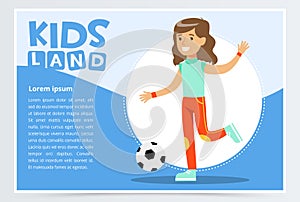 Beautiful active girl playing soccer, kids land banner flat vector element for website or mobile app