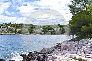 Beautiful Adriatic sea in Croatia  Hvar. Blue lagoon  green pines  stony coast  rock  blue water