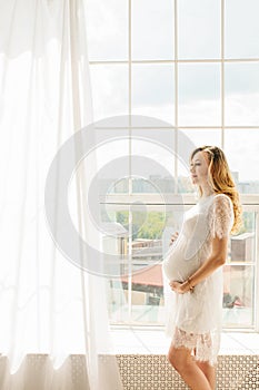 Beautiful adult pregnant woman. Waiting for the baby. Pregnancy. Care, tenderness, motherhood, childbirth.