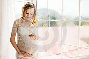 Beautiful adult pregnant woman. Waiting for the baby. Pregnancy. Care, tenderness, motherhood, childbirth.