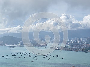 Beautiful aerial aerial view of Stonecutters Bridge and Tsing Yi, Hong Kong