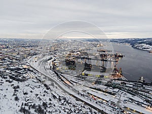 Beautiful aerial air winter vibrant view of Murmansk, Russia, a port city and the administrative center of Murmansk Oblast, Kola photo