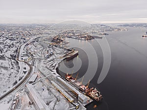 Beautiful aerial air winter vibrant view of Murmansk, Russia, a port city and the administrative center of Murmansk Oblast, Kola photo