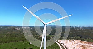 Beautiful aerial close-up view of windmills on the field, Portugal